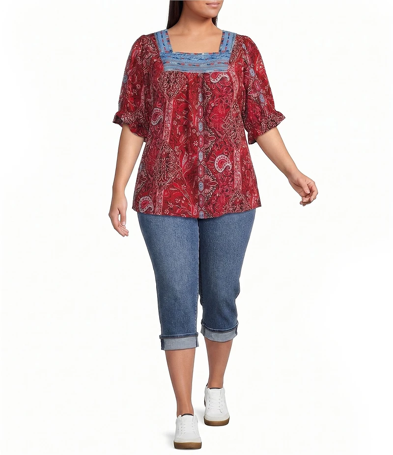 Calessa Plus Size Embroidered Square Neck Short Sleeve Tunic