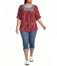 Calessa Plus Size Embroidered Square Neck Short Sleeve Tunic