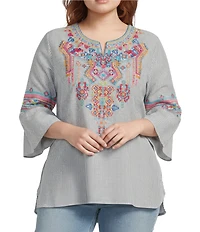 Calessa Plus Size Embroidered Stripe Patchwork Round Split V-Neck 3/4 Sleeve Tunic