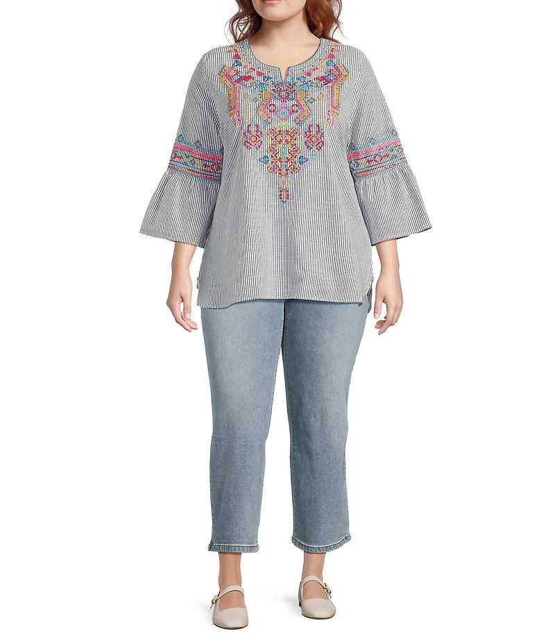 Calessa Plus Size Embroidered Stripe Patchwork Round Split V-Neck 3/4 Sleeve Tunic