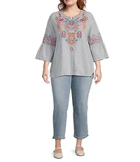 Calessa Plus Size Embroidered Stripe Patchwork Round Split V-Neck 3/4 Sleeve Tunic