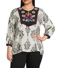 Calessa Plus Size Embroidered Tassel Tie Round Split Neck 3/4 Sleeve Tunic