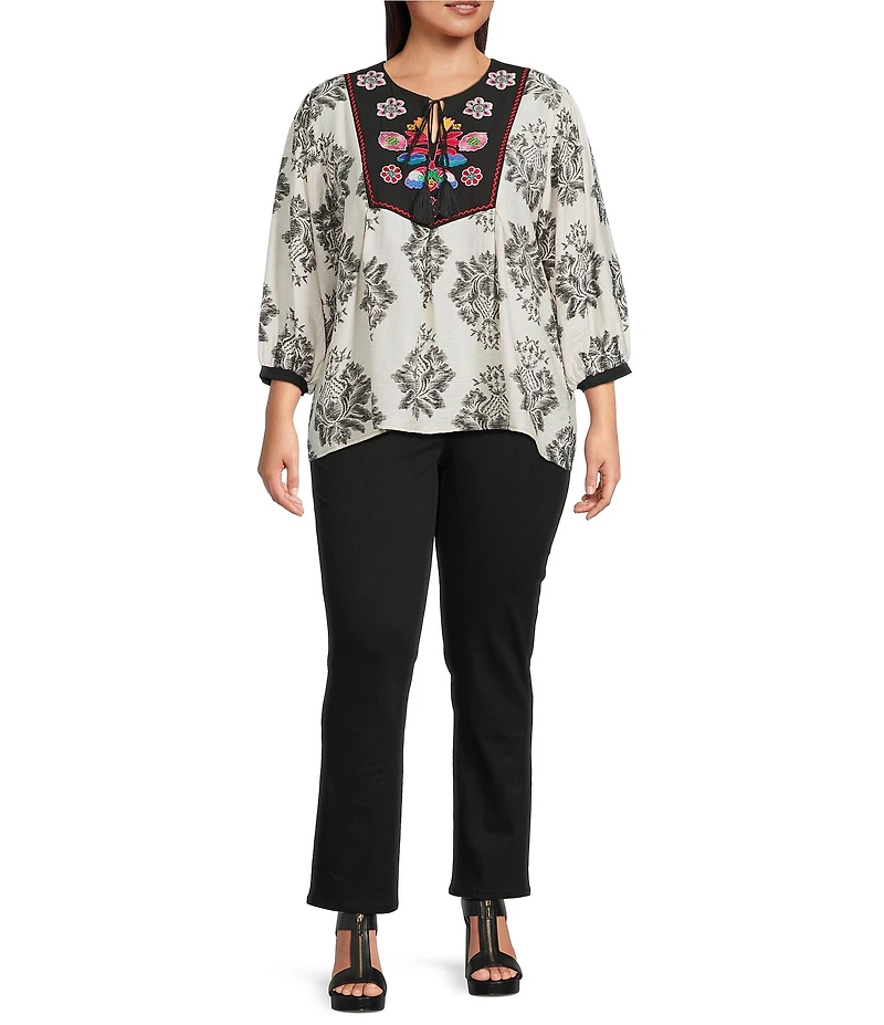 Calessa Plus Size Embroidered Tassel Tie Round Split Neck 3/4 Sleeve Tunic