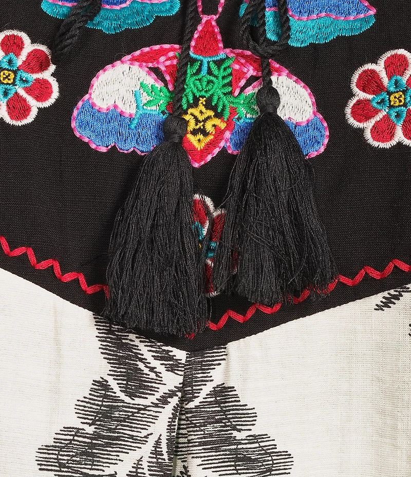 Calessa Plus Size Embroidered Tassel Tie Round Split Neck 3/4 Sleeve Tunic