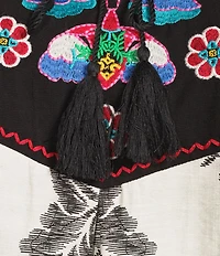 Calessa Plus Size Embroidered Tassel Tie Round Split Neck 3/4 Sleeve Tunic