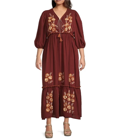 Calessa Plus Size Embroidered V-Neck 3/4 Puff Sleeve Tiered Tassel Tie Front Midi Dress