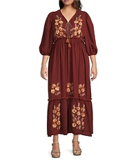 Calessa Plus Size Embroidered V-Neck 3/4 Puff Sleeve Tiered Tassel Tie Front Midi Dress
