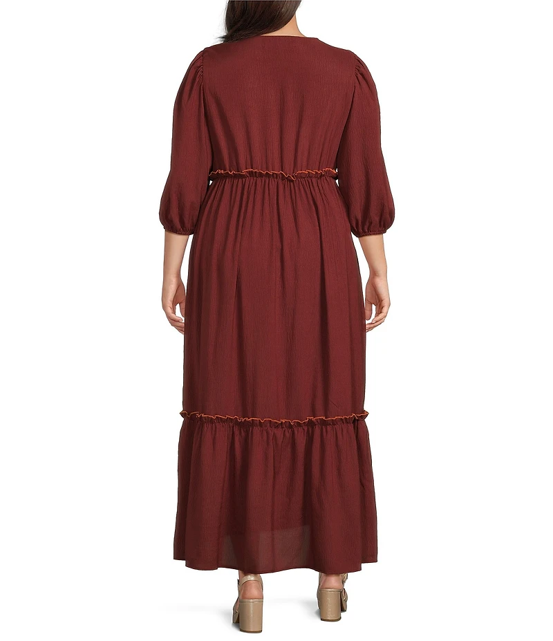 Calessa Plus Size Embroidered V-Neck 3/4 Puff Sleeve Tiered Tassel Tie Front Midi Dress