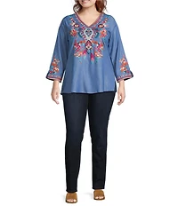 Calessa Plus Size Embroidered V-Neck 3/4 Sleeve Tunic