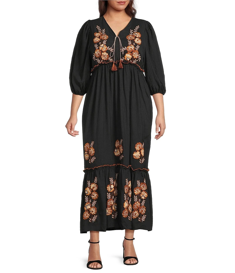 Calessa Plus Size Embroidered V-Neck Long Sleeve Tassel Tie Front Dress