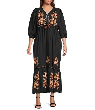 Calessa Plus Size Embroidered V-Neck Long Sleeve Tassel Tie Front Dress