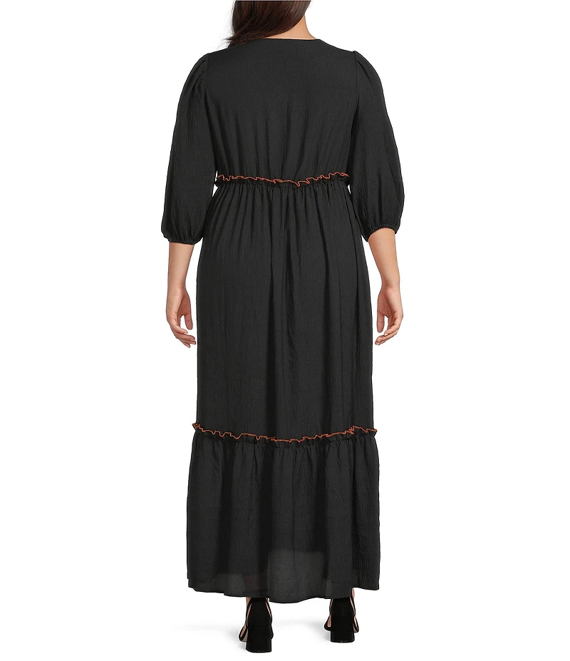Calessa Plus Size Embroidered V-Neck Long Sleeve Tassel Tie Front Dress