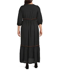 Calessa Plus Size Embroidered V-Neck Long Sleeve Tassel Tie Front Dress