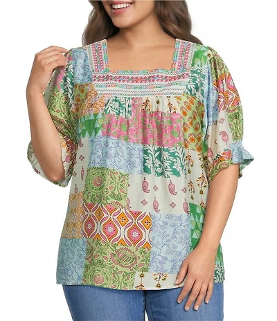 Calessa Plus Size Embroidered V-Neck Ruffle Cap Sleeve Tunic