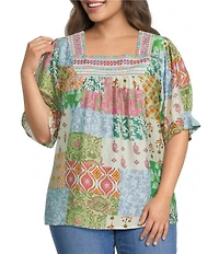 Calessa Plus Size Embroidered V-Neck Ruffle Cap Sleeve Tunic