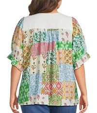 Calessa Plus Size Embroidered V-Neck Ruffle Cap Sleeve Tunic