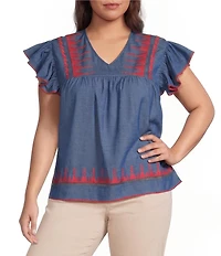 Calessa Plus Size Embroidered V-Neck Ruffle Cap Sleeve Tunic