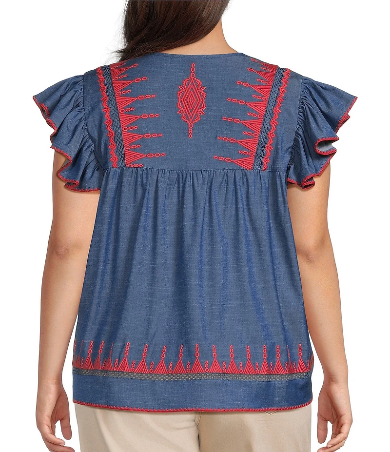 Calessa Plus Size Embroidered V-Neck Ruffle Cap Sleeve Tunic