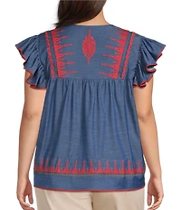 Calessa Plus Size Embroidered V-Neck Ruffle Cap Sleeve Tunic