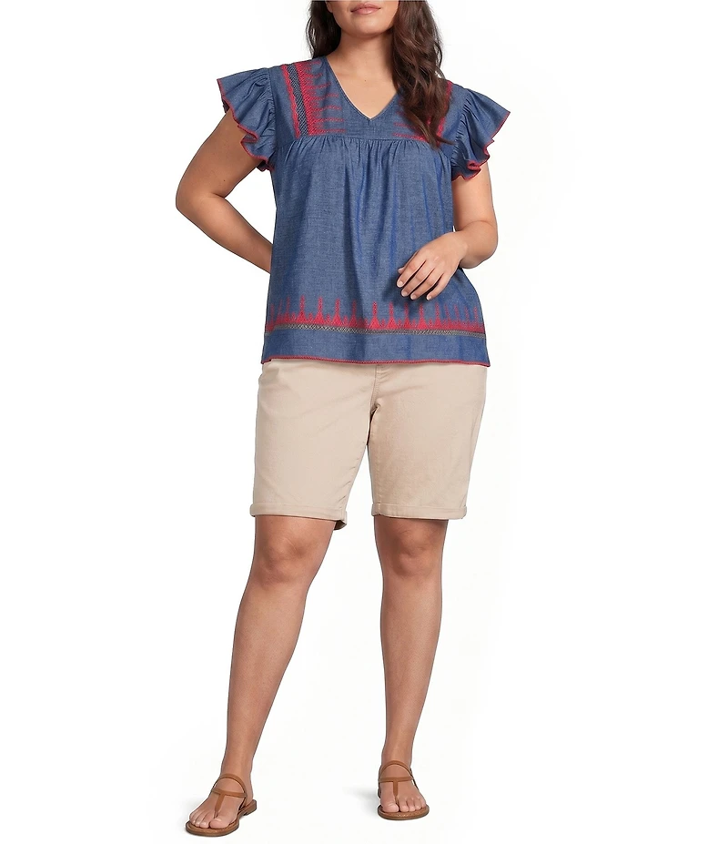 Calessa Plus Size Embroidered V-Neck Ruffle Cap Sleeve Tunic