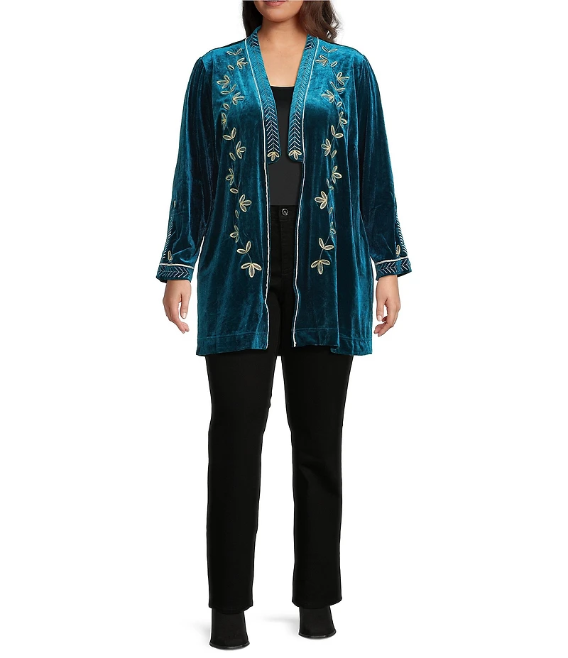 Calessa Plus Size Embroidered Velvet Long Sleeve Open Front Cardigan