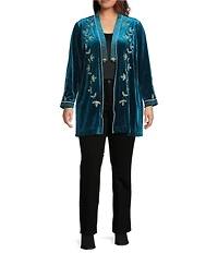 Calessa Plus Size Embroidered Velvet Long Sleeve Open Front Cardigan