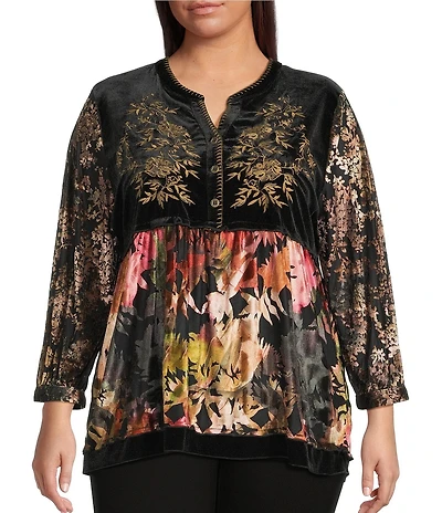 Calessa Plus Size Embroidered Velvet Patchwork Split V- Neck 3/4 Sleeve Button Front Placket Tunic