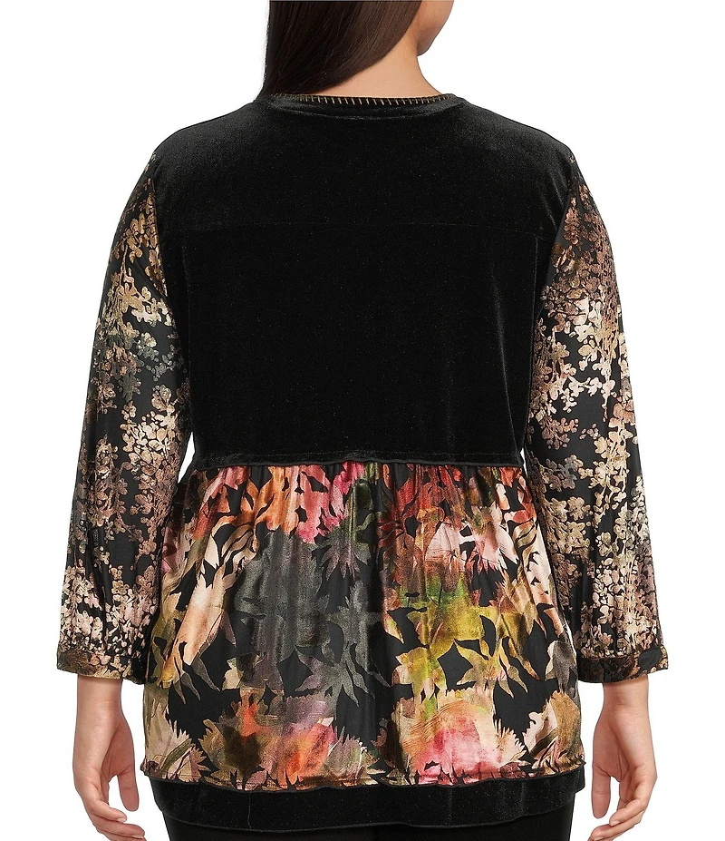 Calessa Plus Size Embroidered Velvet Patchwork Split V- Neck 3/4 Sleeve Button Front Placket Tunic