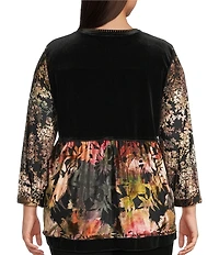 Calessa Plus Size Embroidered Velvet Patchwork Split V- Neck 3/4 Sleeve Button Front Placket Tunic