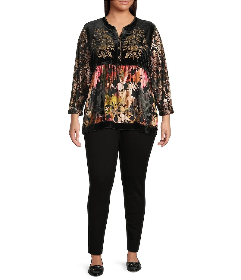 Calessa Plus Size Embroidered Velvet Patchwork Split V- Neck 3/4 Sleeve Button Front Placket Tunic