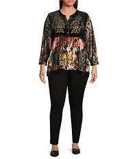 Calessa Plus Size Embroidered Velvet Patchwork Split V- Neck 3/4 Sleeve Button Front Placket Tunic