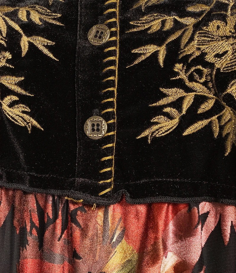 Calessa Plus Size Embroidered Velvet Patchwork Split V- Neck 3/4 Sleeve Button Front Placket Tunic