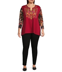 Calessa Plus Size Embroidered Velvet Tie-Dye Knit Split V-Neck 3/4 Sleeve Tunic