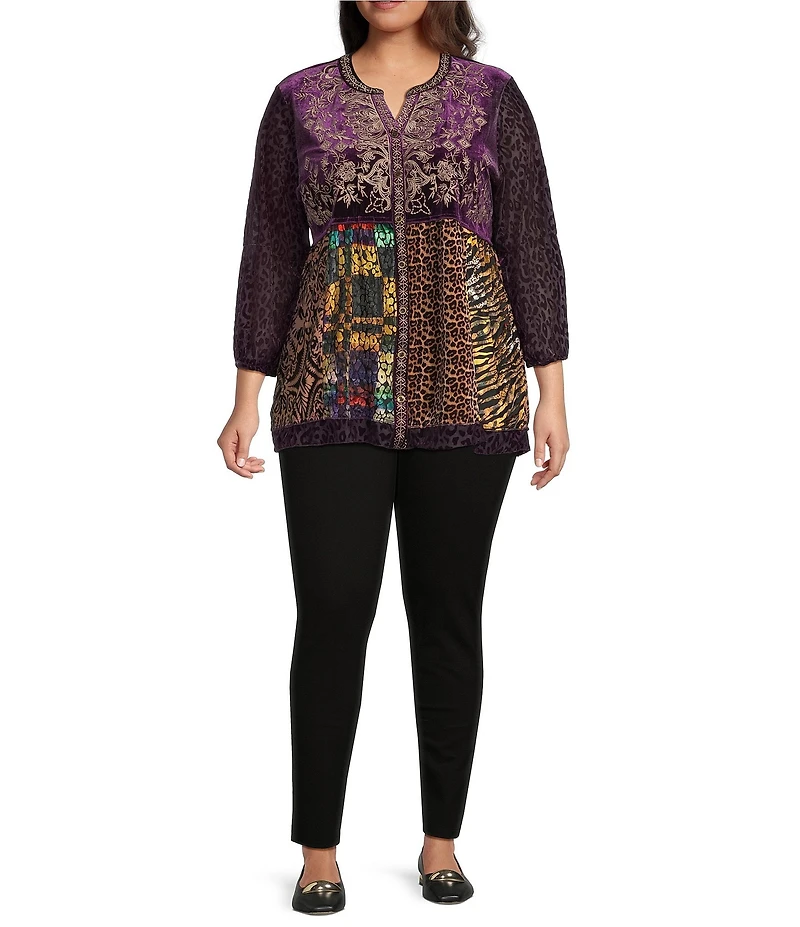 Calessa Plus Size Embroidered Velvet Tiered Patchwork Split V-Neck 3/4 Sleeve Tunic