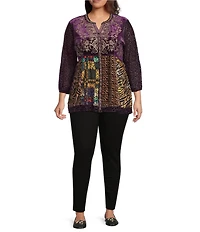 Calessa Plus Size Embroidered Velvet Tiered Patchwork Split V-Neck 3/4 Sleeve Tunic