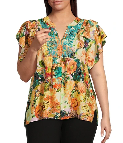 Calessa Plus Size Embroidered Vintage Floral Print Split V-Neck Ruffled Cap Sleeve Tunic