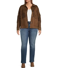 Calessa Plus Size Faux Suede Fringe Point Collar Long Sleeve Shirt Jacket