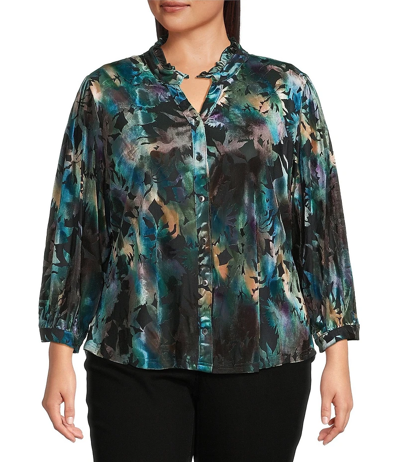 Calessa Plus Size Floral Burnout Velvet Knit Split V-Neck Bracelet Sleeve Button Front Tunic