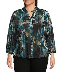 Calessa Plus Size Floral Burnout Velvet Knit Split V-Neck Bracelet Sleeve Button Front Tunic