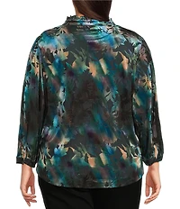 Calessa Plus Size Floral Burnout Velvet Knit Split V-Neck Bracelet Sleeve Button Front Tunic