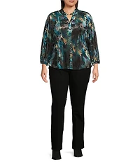 Calessa Plus Size Floral Burnout Velvet Knit Split V-Neck Bracelet Sleeve Button Front Tunic