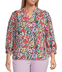 Calessa Plus Size Floral Split V-Neck 3/4 Sleeve Button Front Tunic