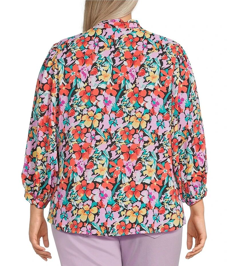 Calessa Plus Size Floral Split V-Neck 3/4 Sleeve Button Front Tunic