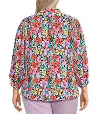 Calessa Plus Size Floral Split V-Neck 3/4 Sleeve Button Front Tunic