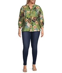 Calessa Plus Size Floral Split V-Neck 3/4 Sleeve Button Front Tunic