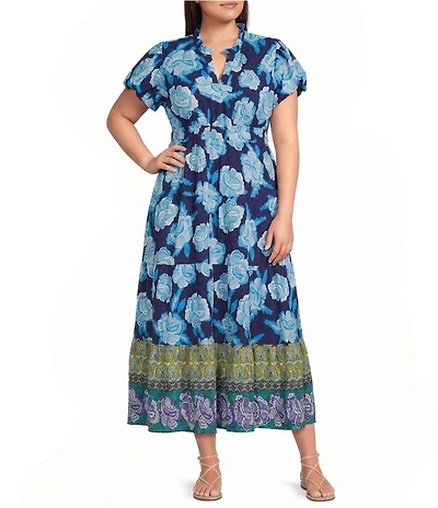 Calessa Plus Size Floral Split V-Neck Elasticized Short Sleeve Tiered Maxi Dress