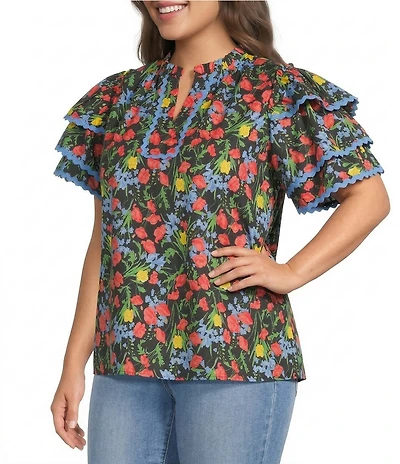 Calessa Plus Size Floral Split V-Neck Short Ruffle Sleeve Shirttail Hem Tunic