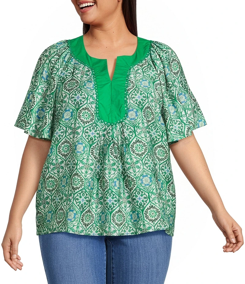 Calessa Plus Size Garden Mosaic Split Round V-Neck Short Sleeve Tunic