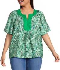 Calessa Plus Size Garden Mosaic Split Round V-Neck Short Sleeve Tunic
