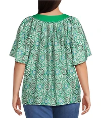 Calessa Plus Size Garden Mosaic Split Round V-Neck Short Sleeve Tunic